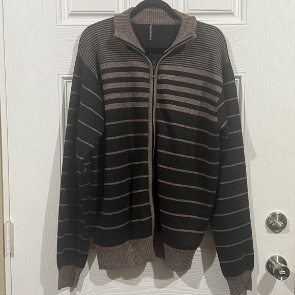 Men's True Rock Zip Up Dress Sweater, Black‎ Brown Stripes, Xxl - Picture 1 of 7